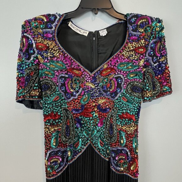 Scala Womens Sequin Dress Size Small Colorful Vtg Short Sleeve Evening Gown - Picture 3 of 15